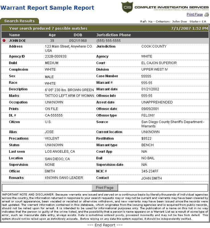 Warrant Report Sample